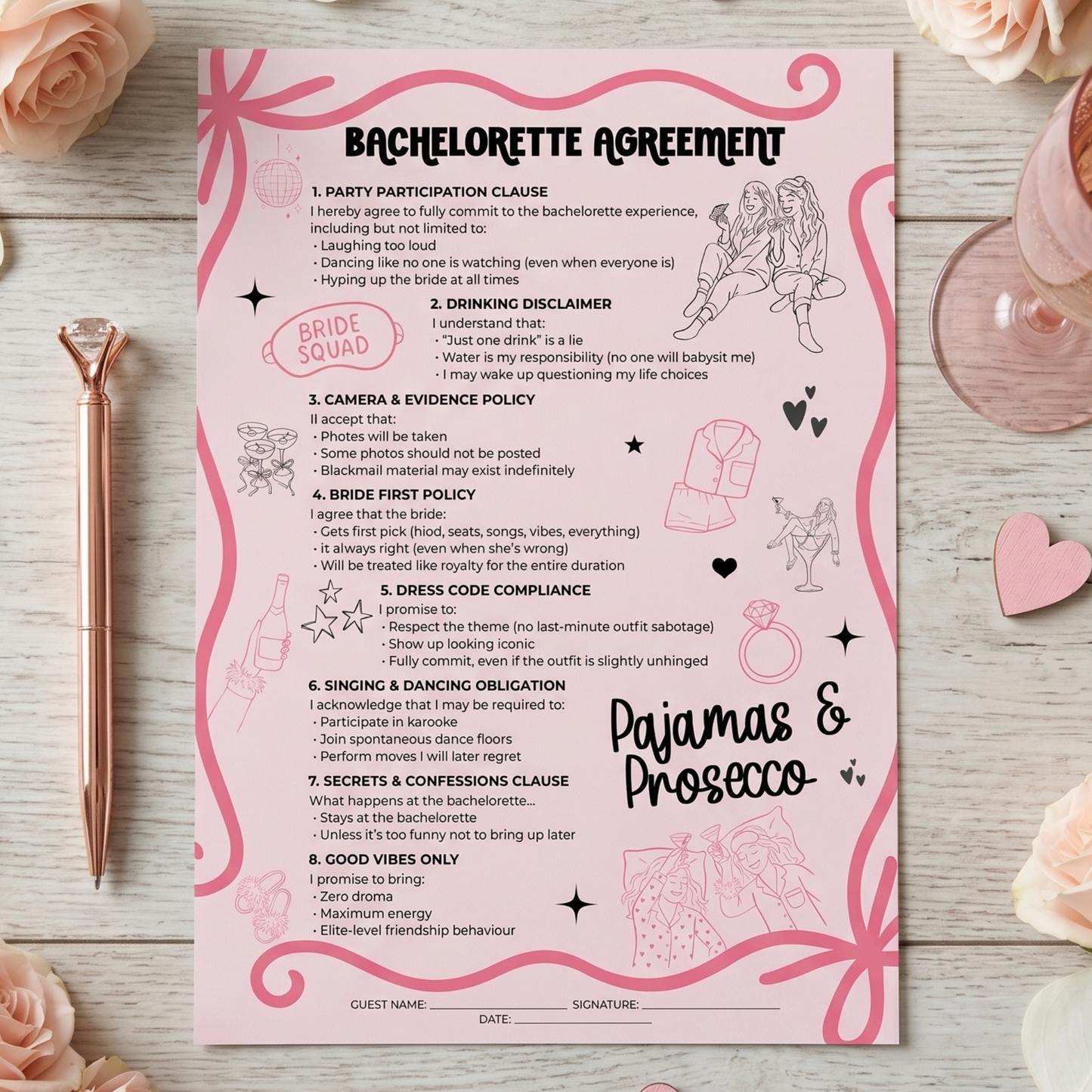 Bachelorette Party Contract - Pajamas & Prosecco Party