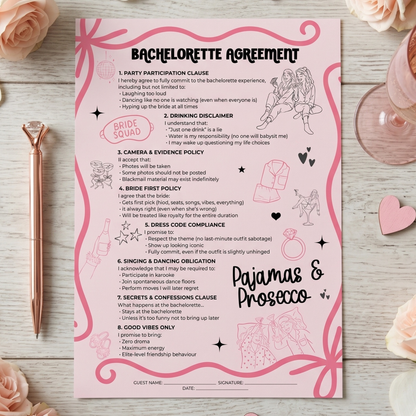 Bachelorette Party Contract - Pajamas & Prosecco Party