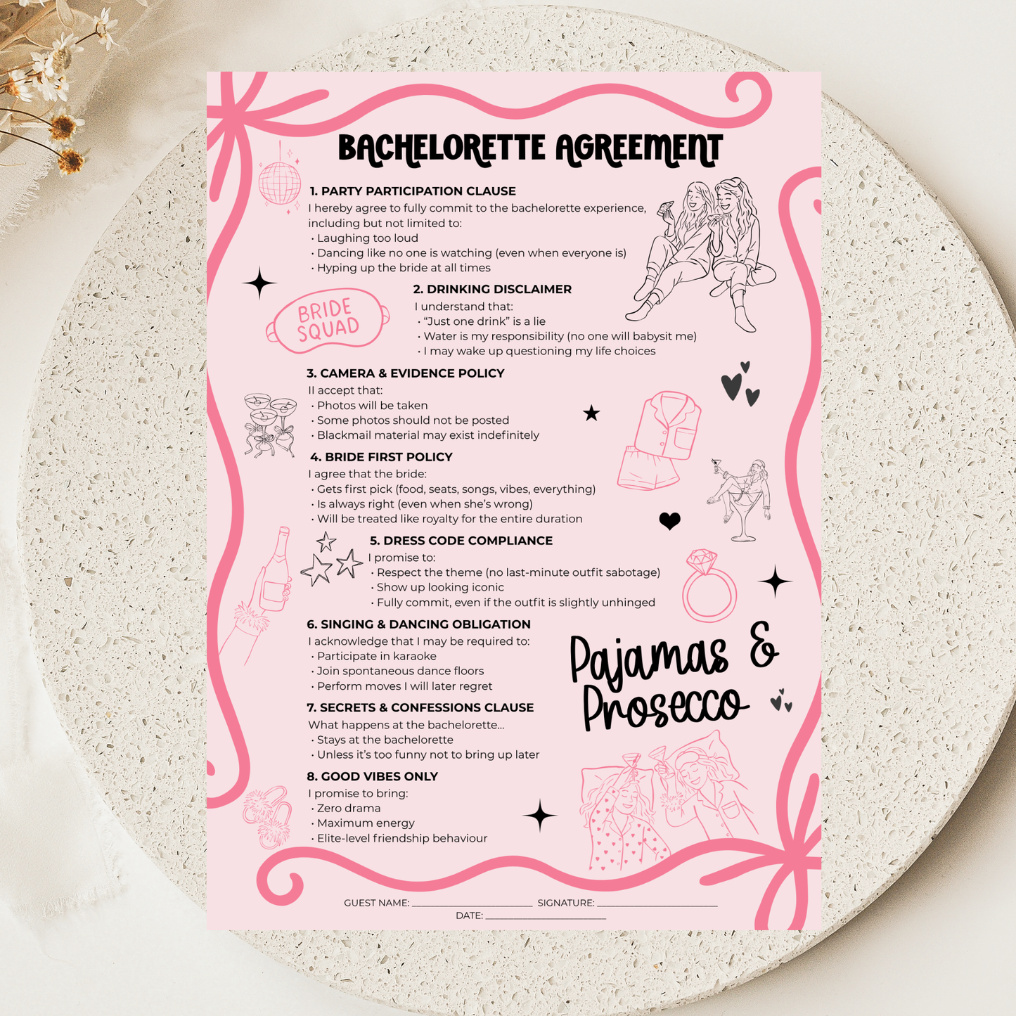 Bachelorette Party Contract - Pajamas & Prosecco Party