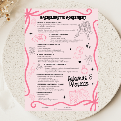 Bachelorette Party Contract - Pajamas & Prosecco Party