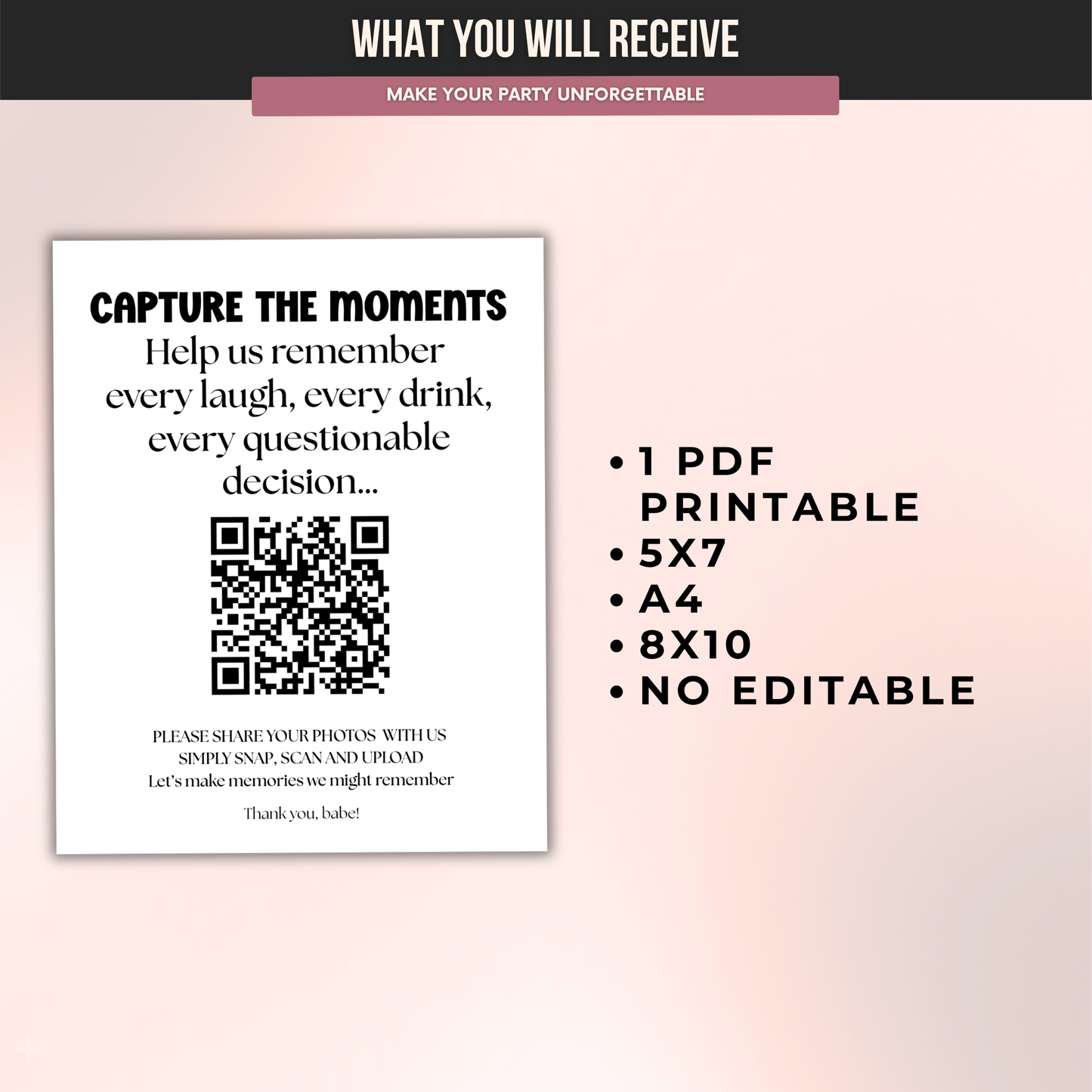 Bachelorette QR Code Photo Upload Sign
